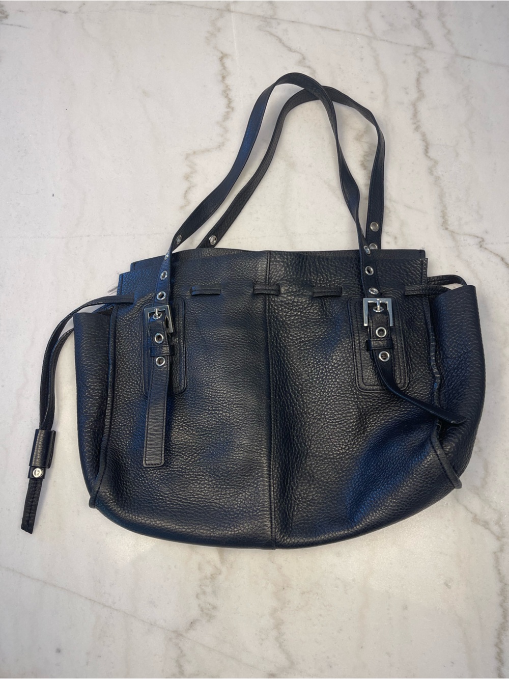 Classic Black Leather Tote Bag with Double Straps